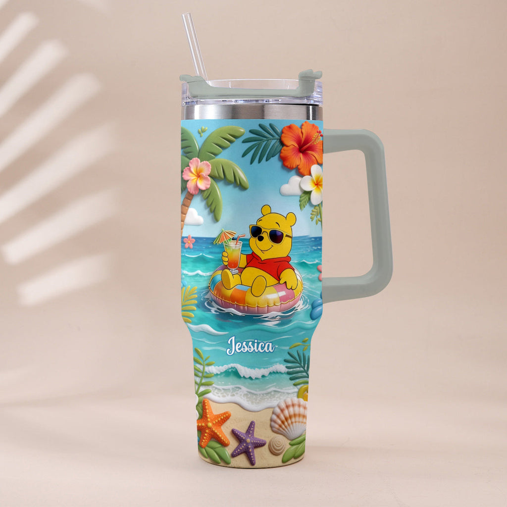 Personalized Summer Bear Tumbler with Plush Charm - Custom Name Gift Tumbler With Plush Charm GradoCreations