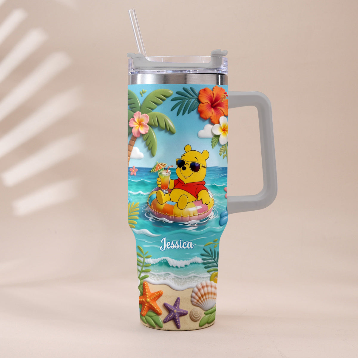 Personalized Summer Bear Tumbler with Plush Charm - Custom Name Gift Tumbler With Plush Charm GradoCreations