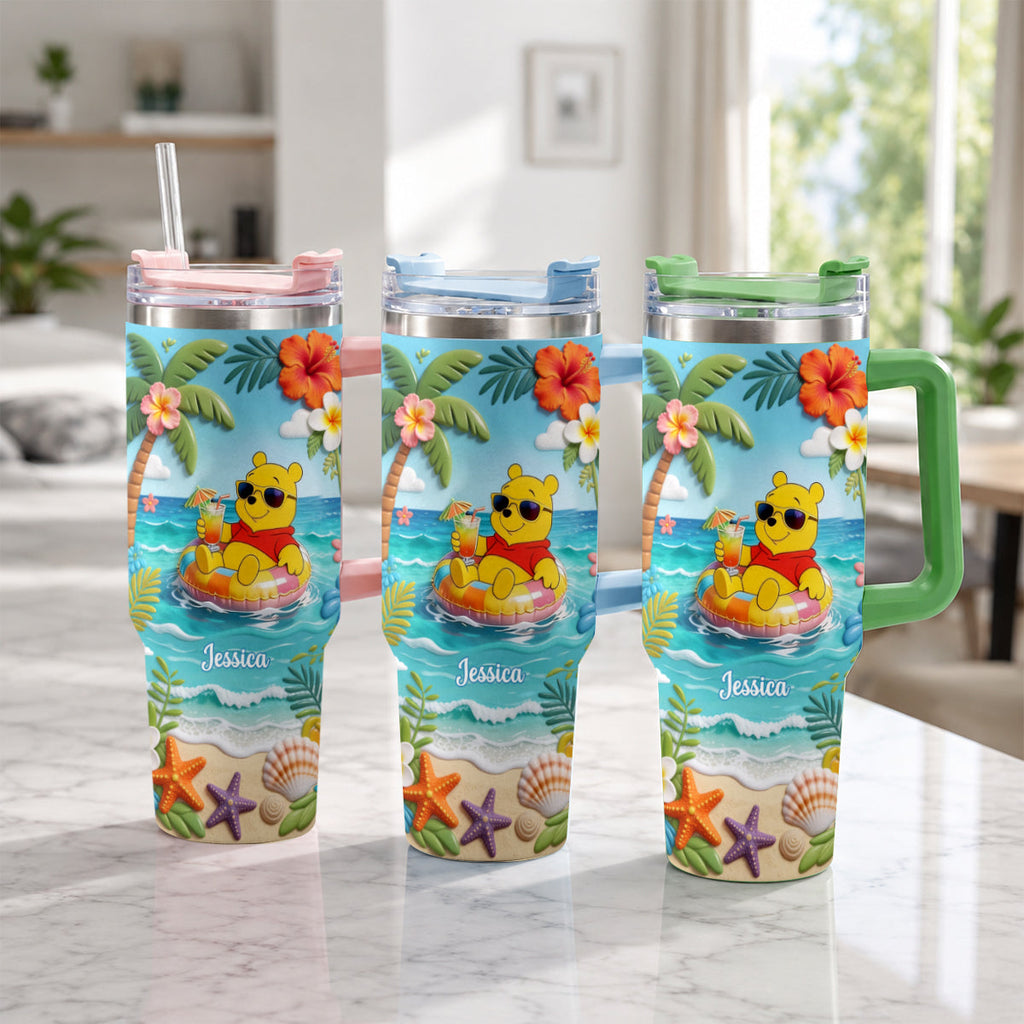 Personalized Summer Bear Tumbler with Plush Charm - Custom Name Gift Tumbler With Plush Charm GradoCreations