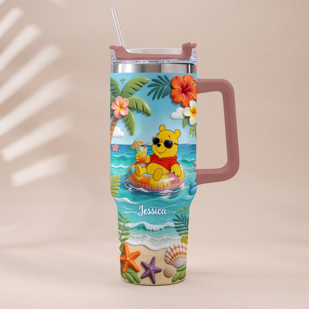 Personalized Summer Bear Tumbler with Plush Charm - Custom Name Gift Tumbler With Plush Charm GradoCreations