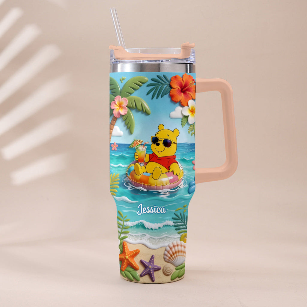 Personalized Summer Bear Tumbler with Plush Charm - Custom Name Gift Tumbler With Plush Charm GradoCreations