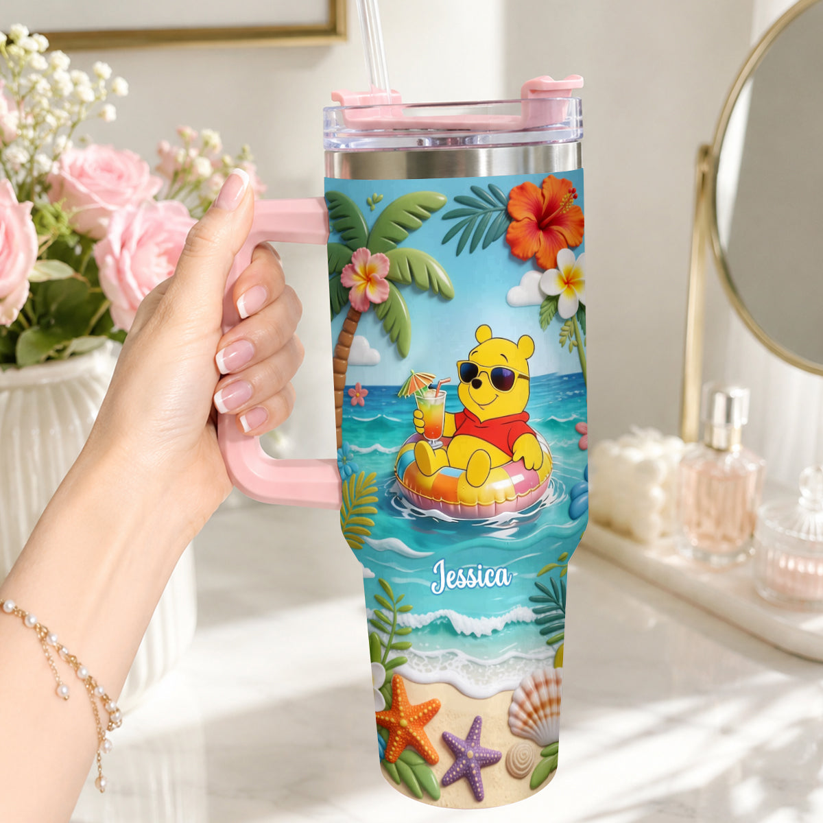 Personalized Summer Bear Tumbler with Plush Charm - Custom Name Gift Tumbler With Plush Charm GradoCreations