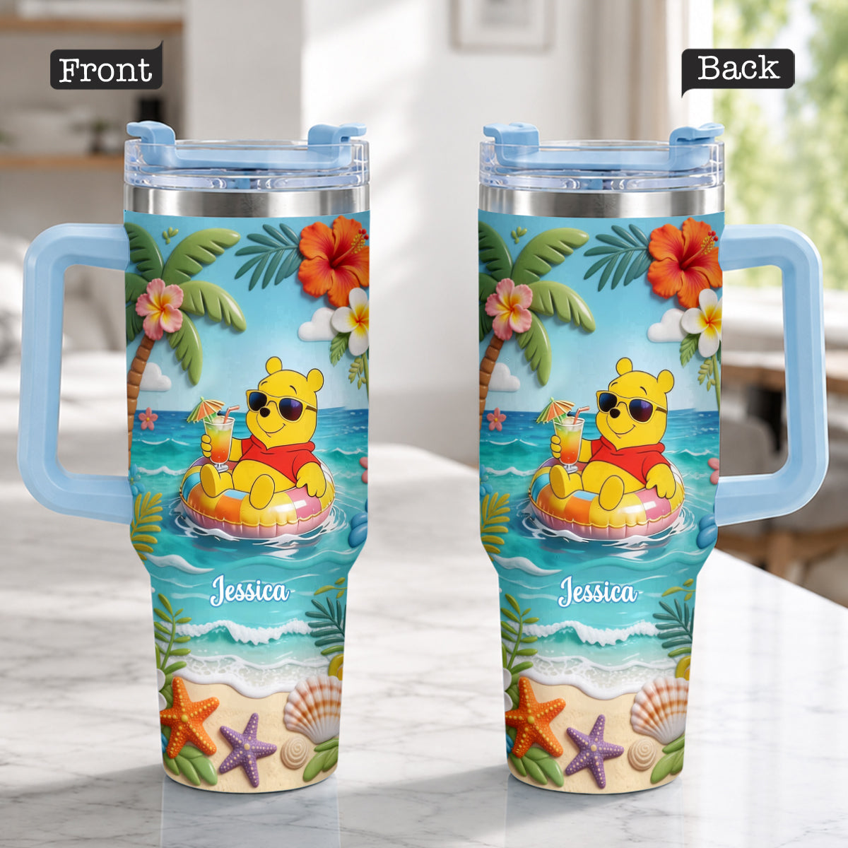 Personalized Summer Bear Tumbler with Plush Charm - Custom Name Gift Tumbler With Plush Charm GradoCreations