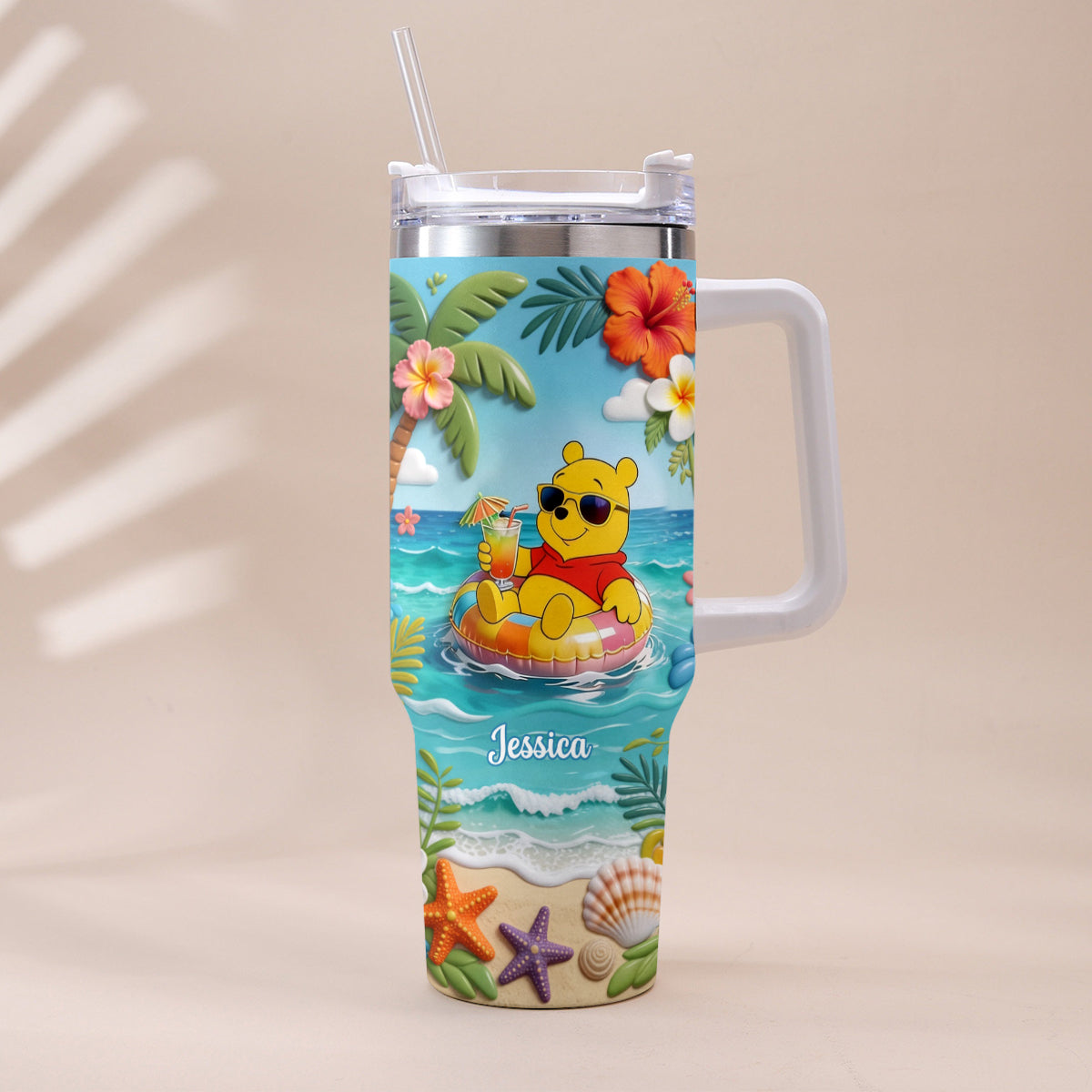 Personalized Summer Bear Tumbler with Plush Charm - Custom Name Gift Tumbler With Plush Charm GradoCreations