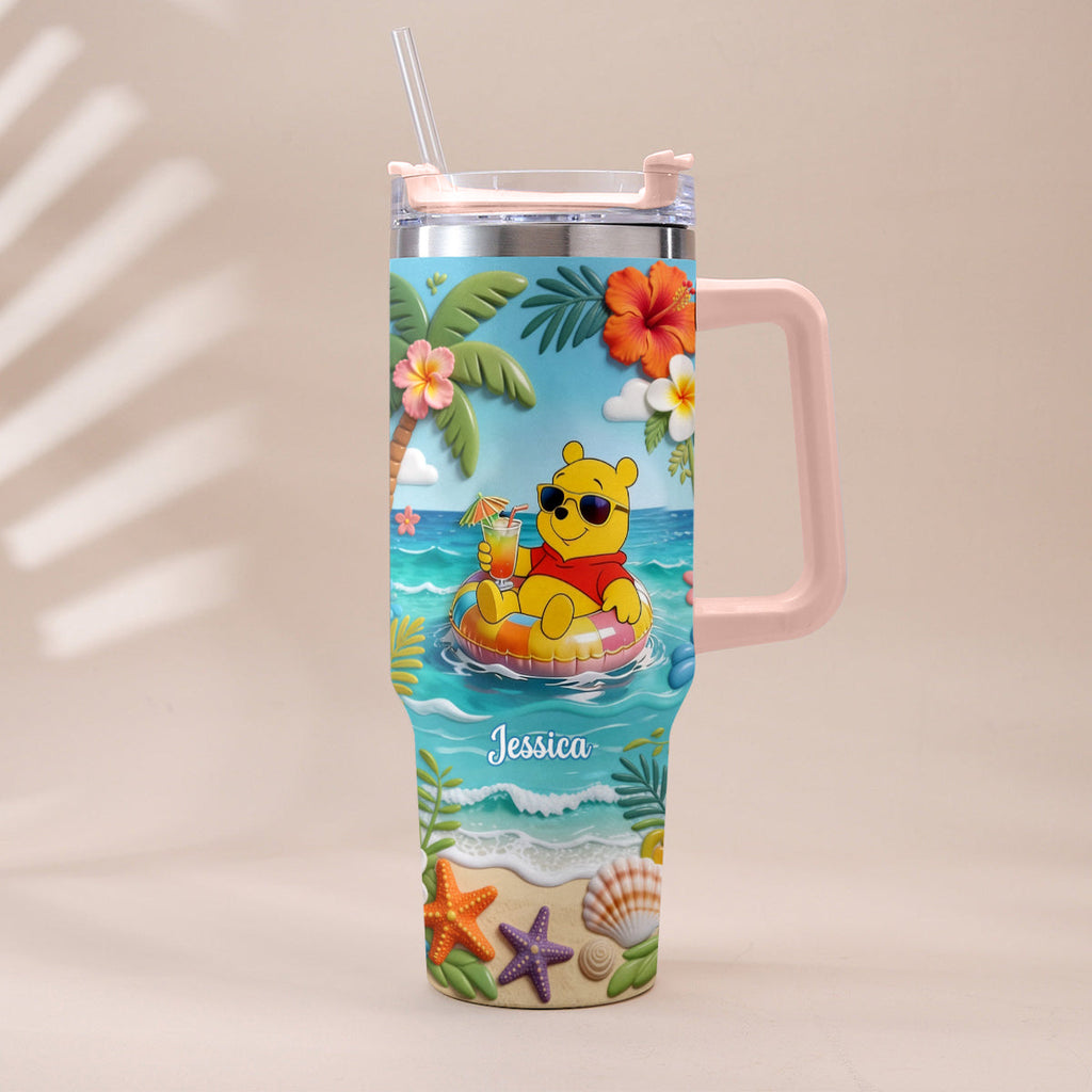 Personalized Summer Bear Tumbler with Plush Charm - Custom Name Gift Tumbler With Plush Charm GradoCreations