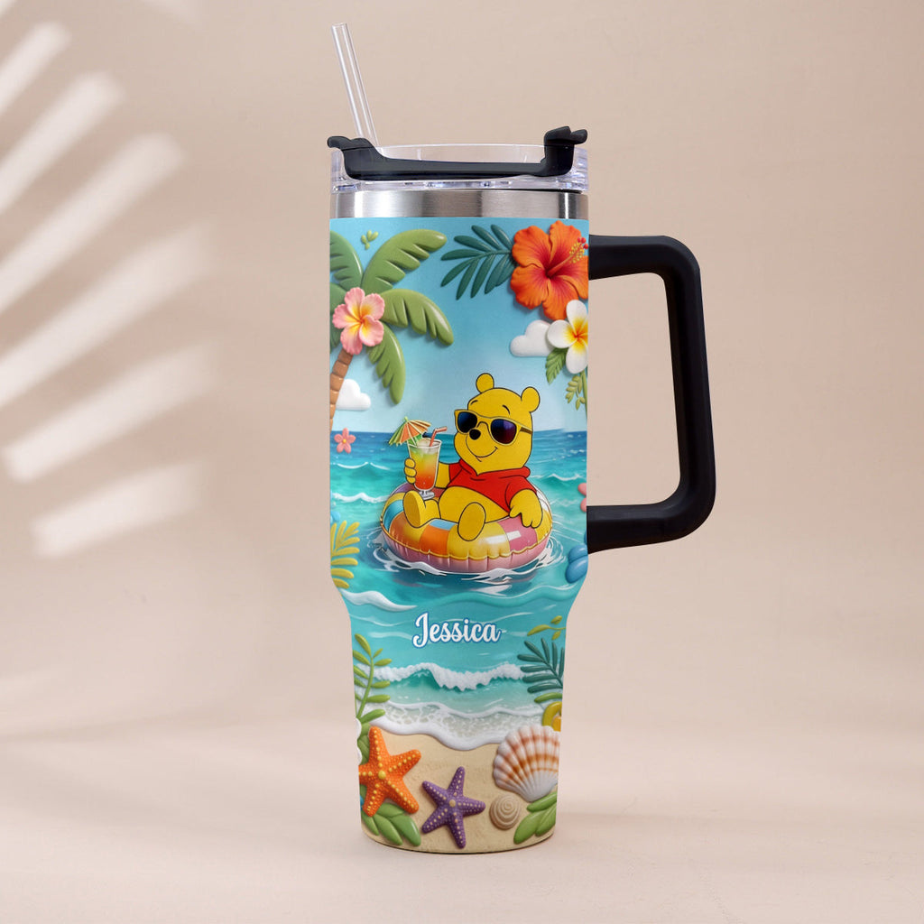 Personalized Summer Bear Tumbler with Plush Charm - Custom Name Gift Tumbler With Plush Charm GradoCreations