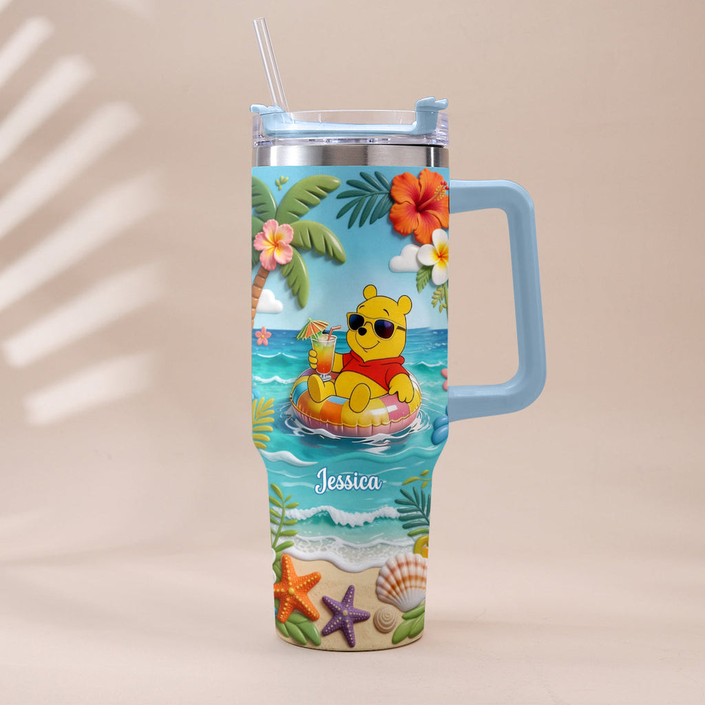 Personalized Summer Bear Tumbler with Plush Charm - Custom Name Gift Tumbler With Plush Charm GradoCreations
