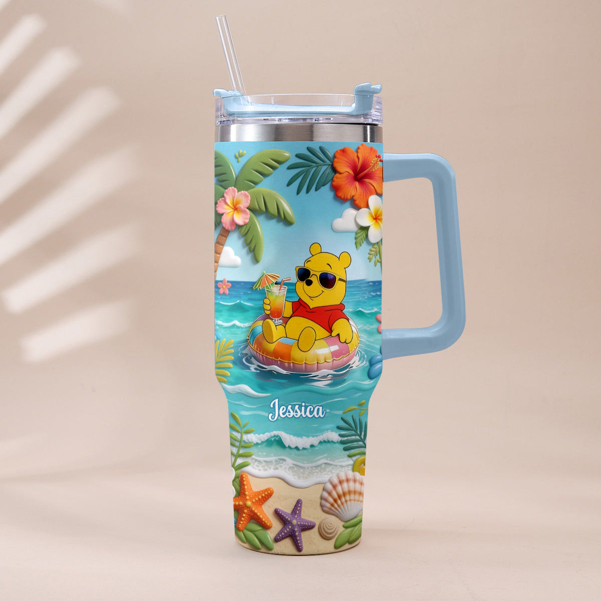 Personalized Summer Bear Tumbler with Plush Charm - Custom Name Gift Tumbler With Plush Charm GradoCreations