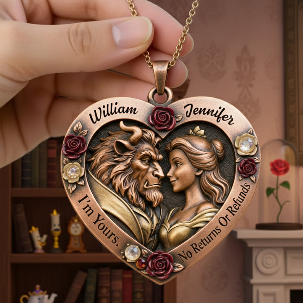 Personalized Beauty And The Beast Heart Pendant Necklace Gift for Couples Shaped Metal Pendant Necklace GradoCreations