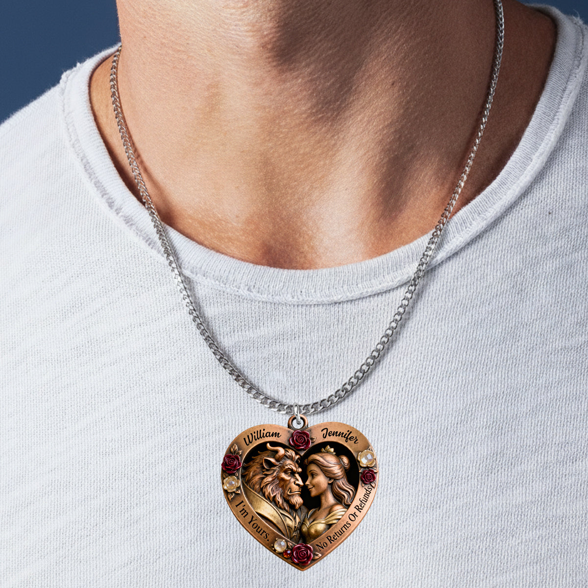 Personalized Beauty And The Beast Heart Pendant Necklace Gift for Couples Shaped Metal Pendant Necklace GradoCreations