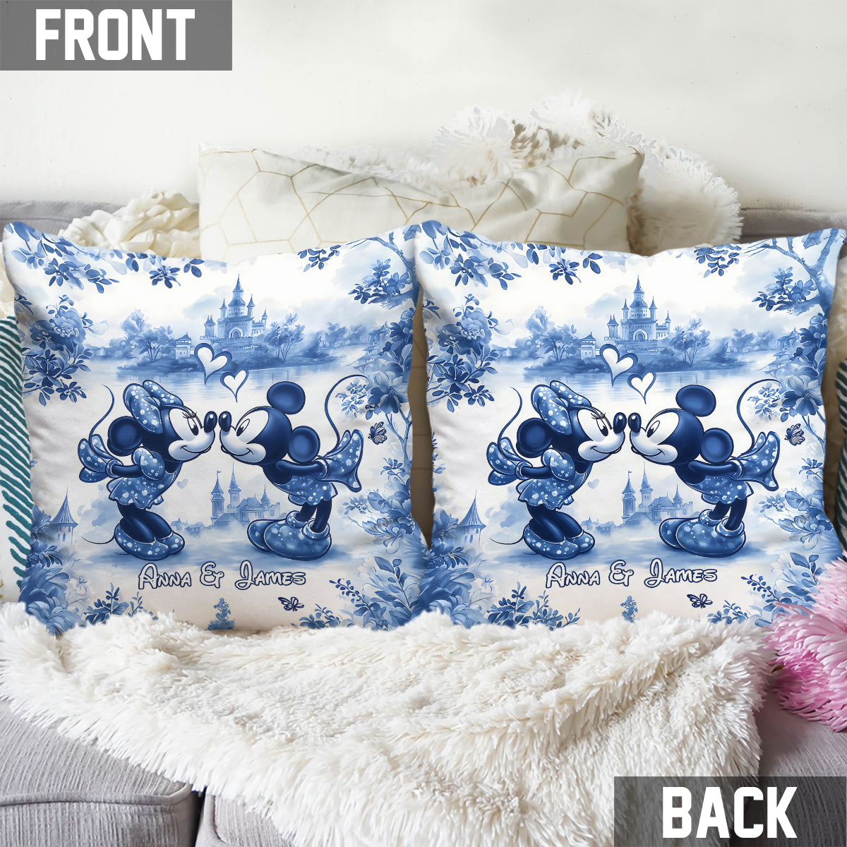 Personalized Blue & White Mouse Couple Throw Pillow Gift for Couples Throw Pillow GradoCreations