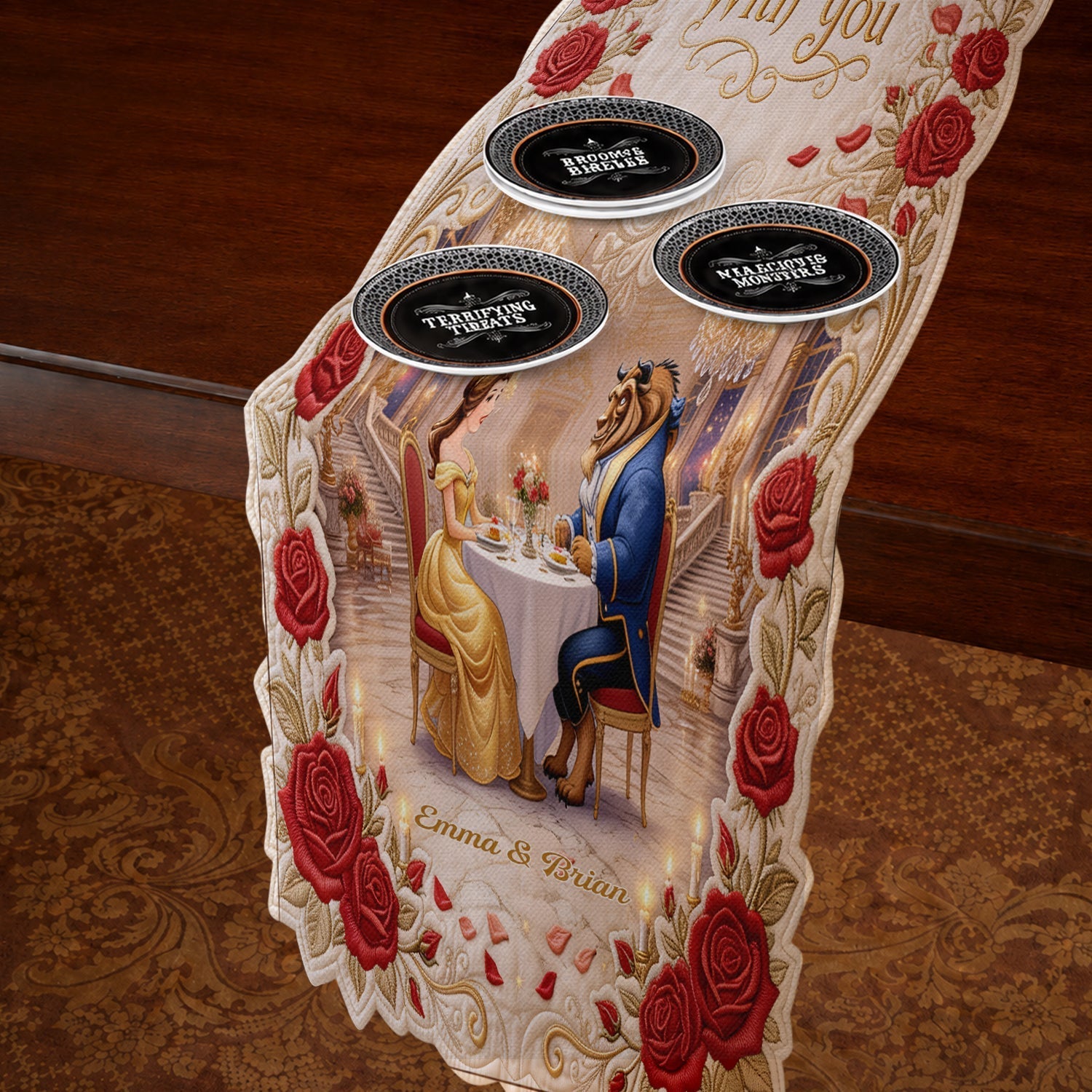 Personalized Beauty and the Beast Table Runner Custom Shape for Couples Table Runner Custom Shape GradoCreations