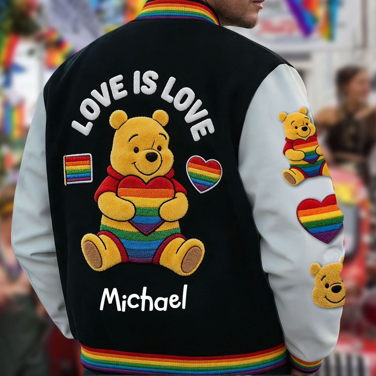 Personalized LGBT Support Varsity Jacket with Cute Bear Design Varsity Jacket GradoCreations