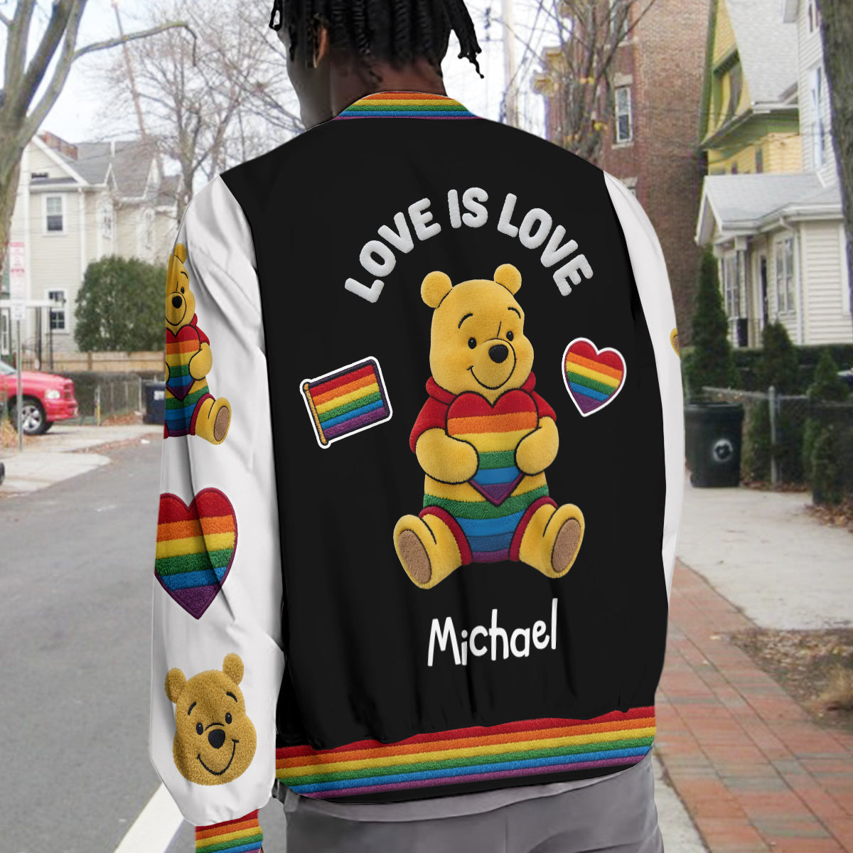 Personalized LGBT Support Varsity Jacket with Cute Bear Design Varsity Jacket GradoCreations