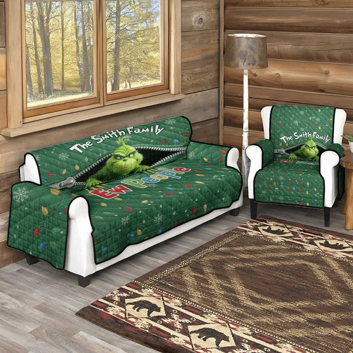 Personalized Quilted Sofa Cover Christmas Grinch Family Name Gift Quilted Sofa/Couch Cover GradoCreations