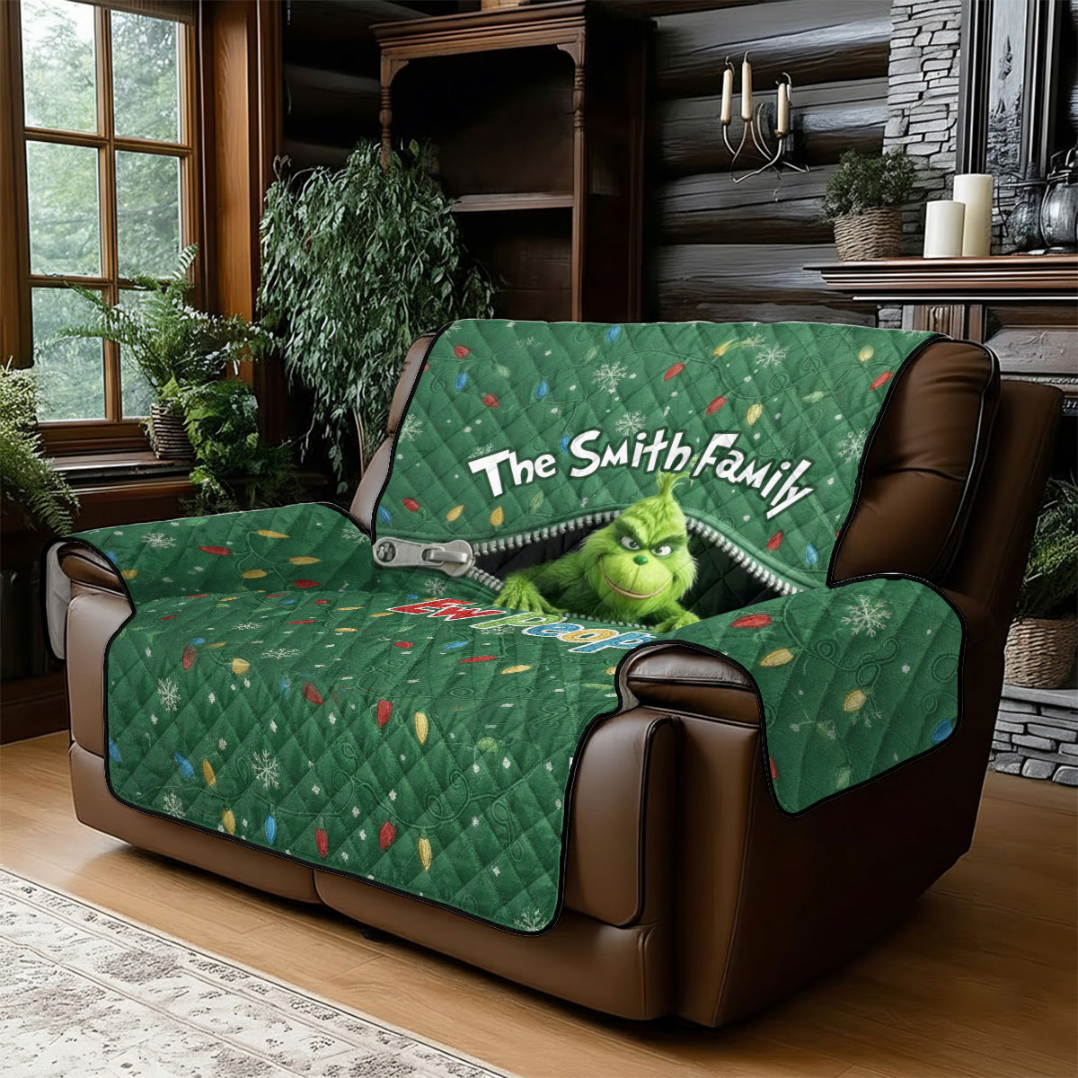 Personalized Quilted Sofa Cover Christmas Grinch Family Name Gift Quilted Sofa/Couch Cover GradoCreations