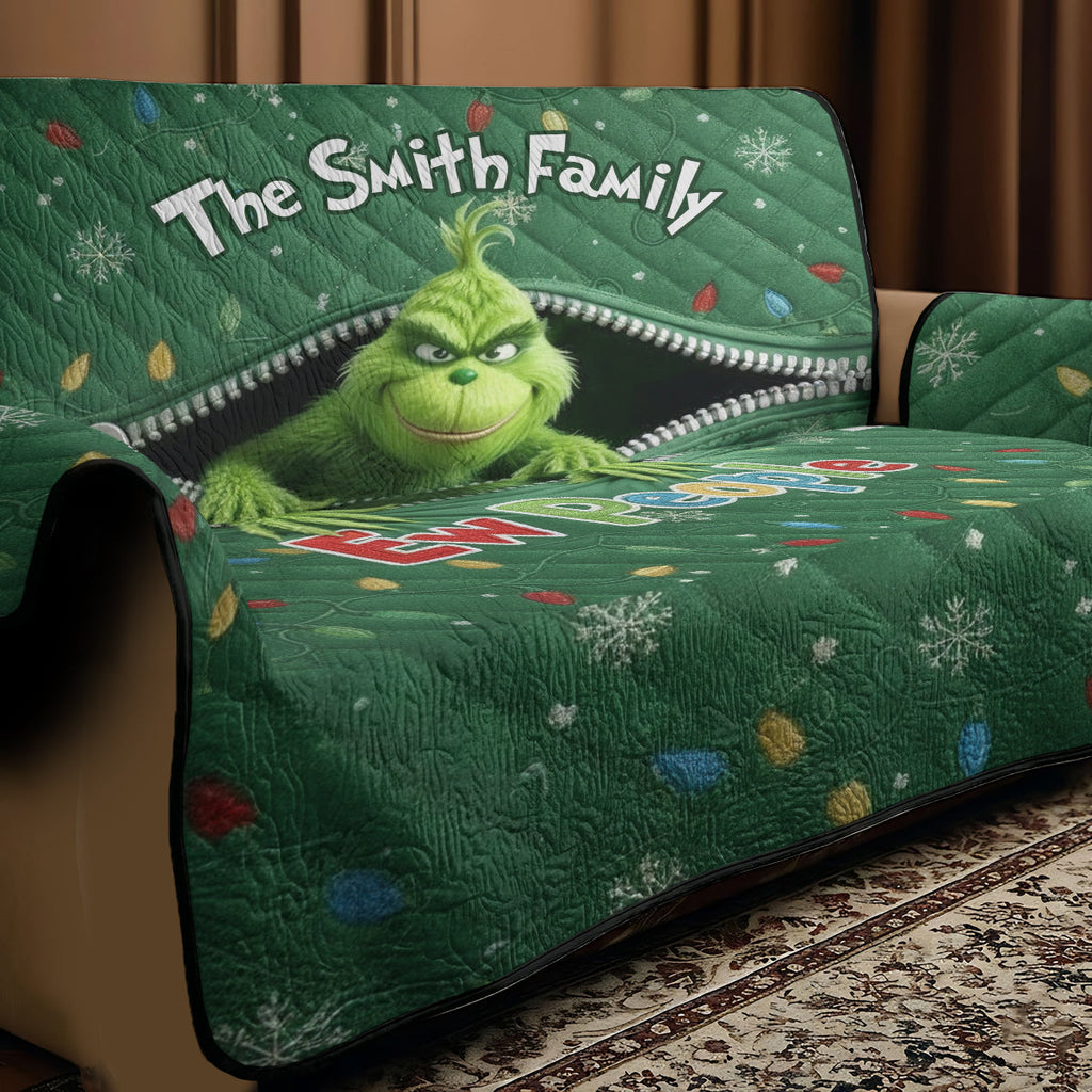 Personalized Quilted Sofa Cover Christmas Grinch Family Name Gift Quilted Sofa/Couch Cover GradoCreations