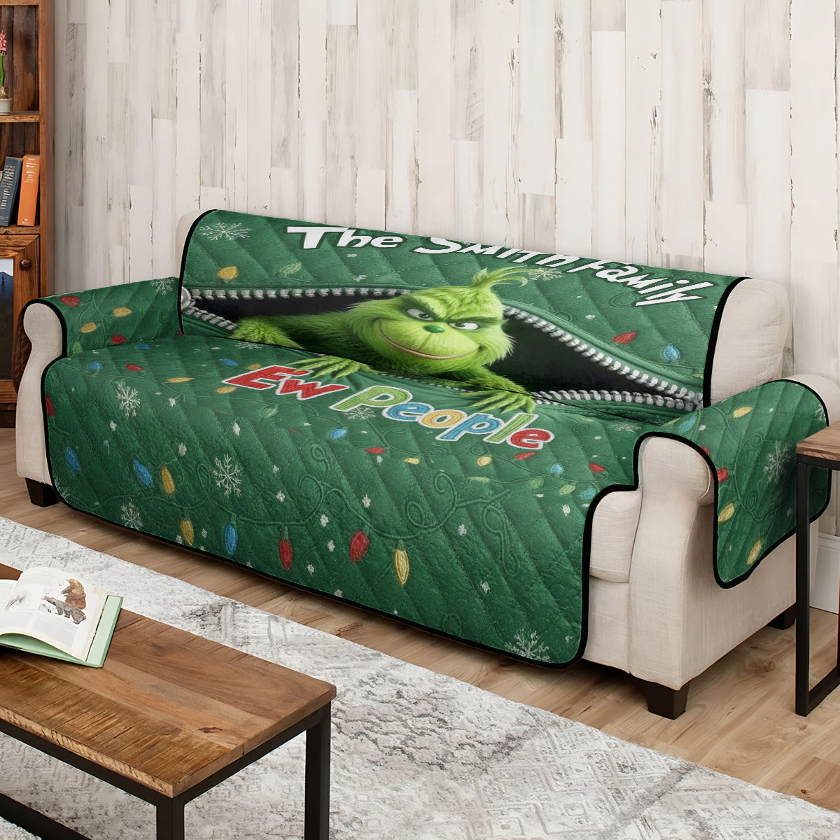 Personalized Quilted Sofa Cover Christmas Grinch Family Name Gift Quilted Sofa/Couch Cover GradoCreations