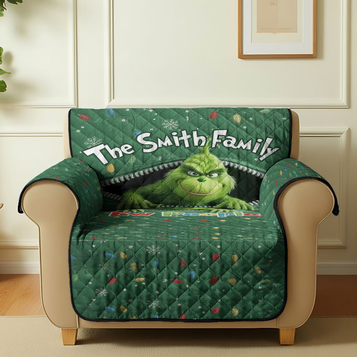 Personalized Quilted Sofa Cover Christmas Grinch Family Name Gift Quilted Sofa/Couch Cover GradoCreations