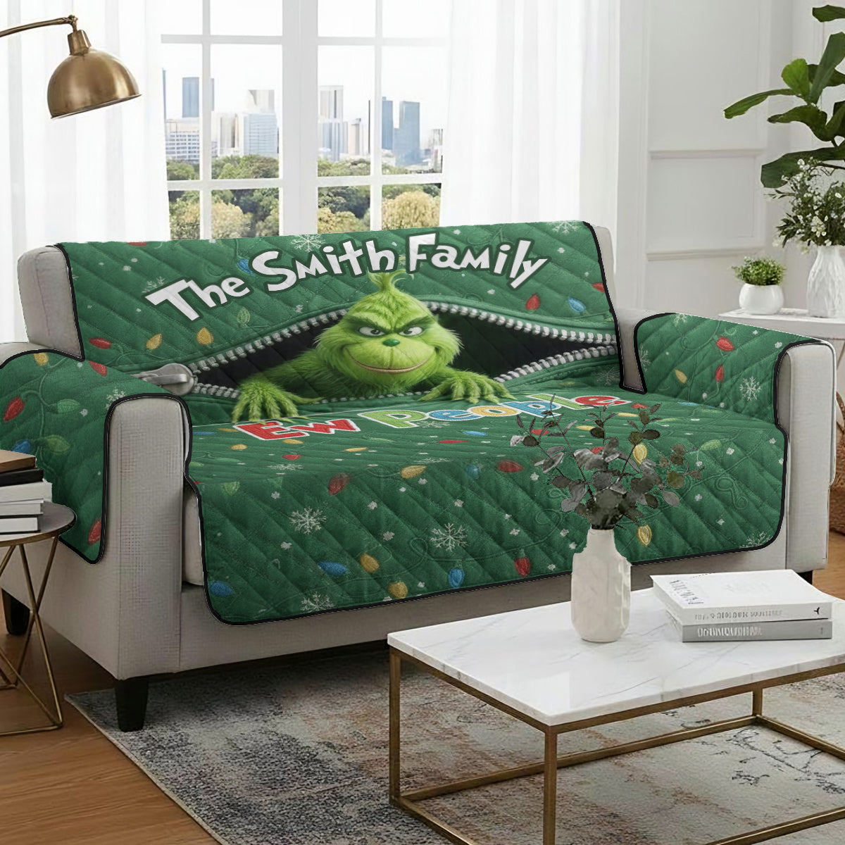 Personalized Quilted Sofa Cover Christmas Grinch Family Name Gift Quilted Sofa/Couch Cover GradoCreations