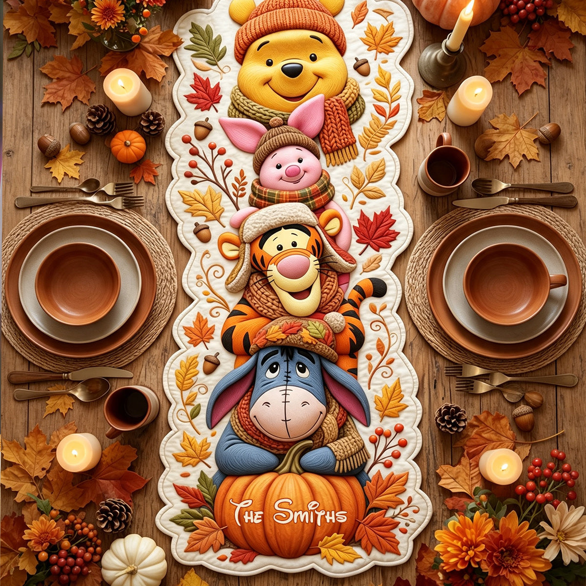 Personalized Autumn Bear Table Runner Custom Shape Holiday Gift Custom Shape Table Runner GradoCreations
