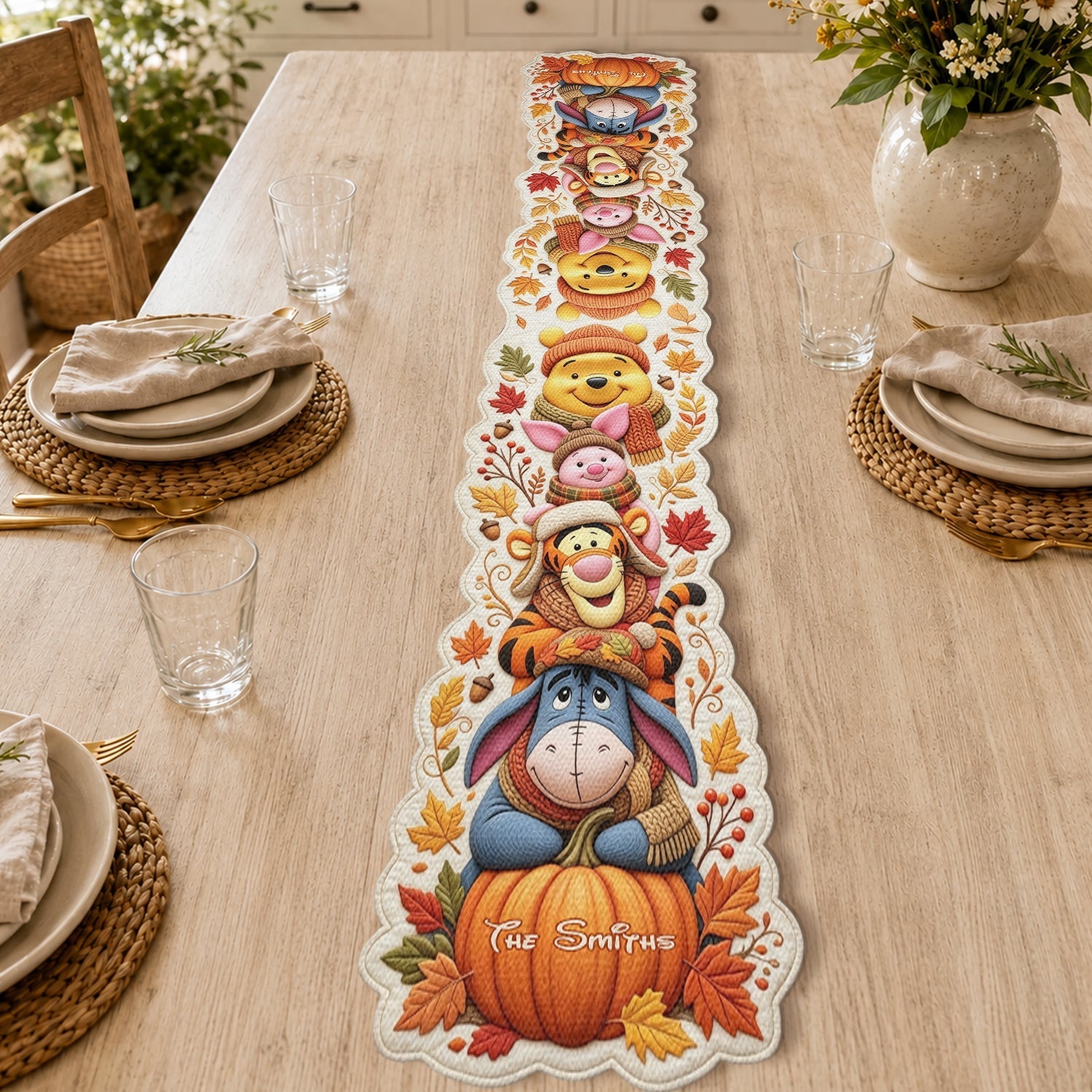 Personalized Autumn Bear Table Runner Custom Shape Holiday Gift Custom Shape Table Runner GradoCreations