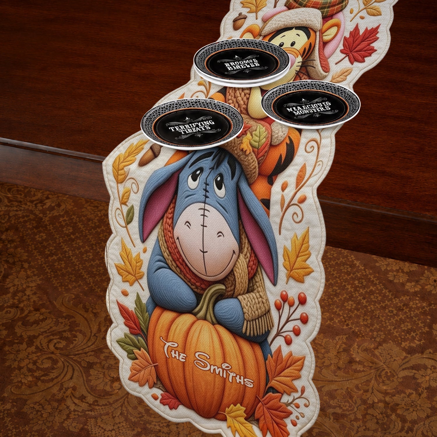 Personalized Autumn Bear Table Runner Custom Shape Holiday Gift Custom Shape Table Runner GradoCreations