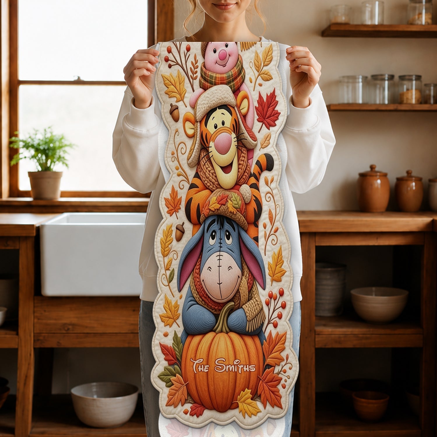 Personalized Autumn Bear Table Runner Custom Shape Holiday Gift Custom Shape Table Runner GradoCreations