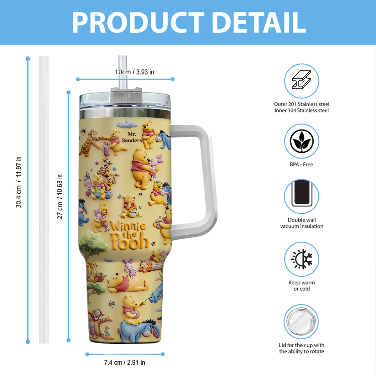 Personalized Winnie the Pooh Tumbler With Handle Gift for Kids Tumbler With Plush Charm GradoCreations