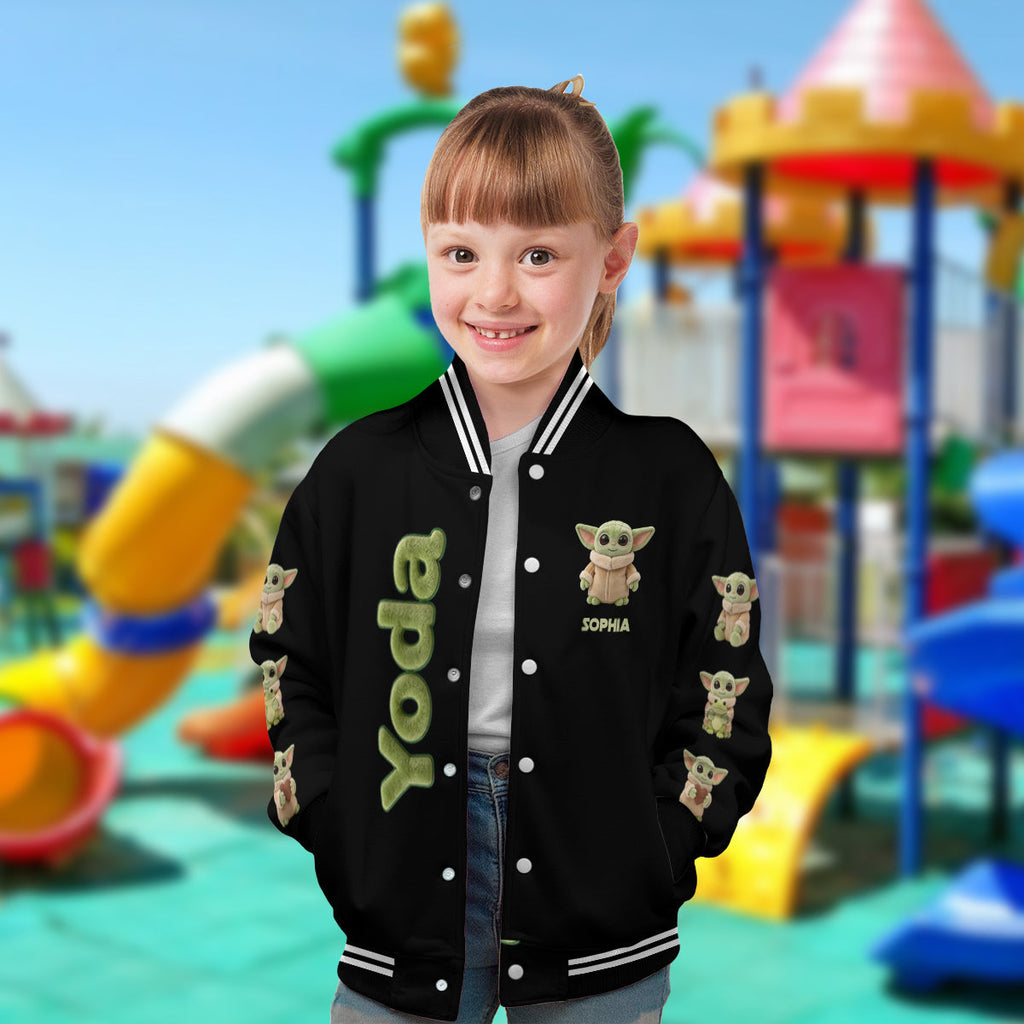 Personalized Varsity Jacket with Cute Baby Yoda Design for Kids Varsity Jacket GradoCreations