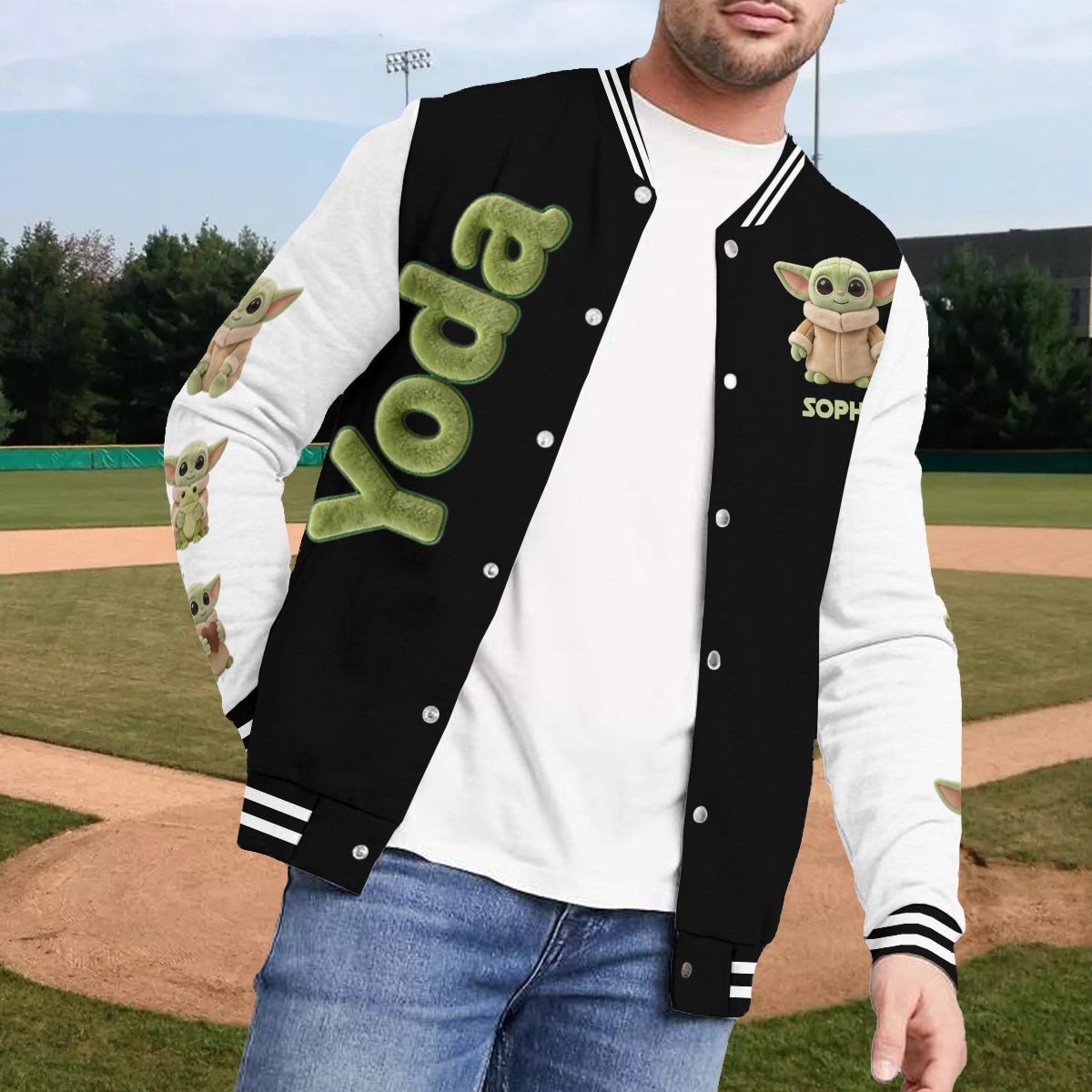 Personalized Varsity Jacket with Cute Baby Yoda Design for Kids Varsity Jacket GradoCreations