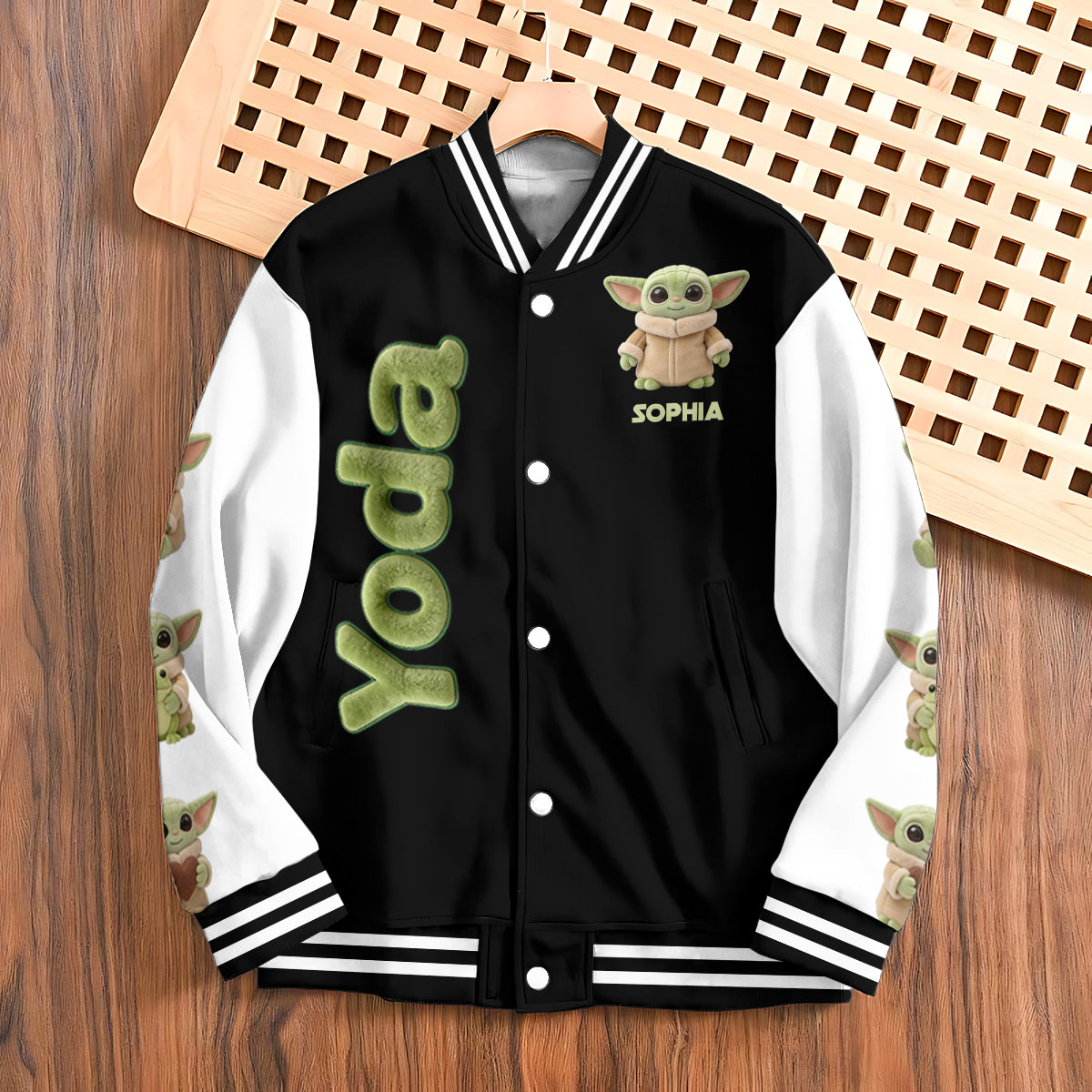 Personalized Varsity Jacket with Cute Baby Yoda Design for Kids Varsity Jacket GradoCreations