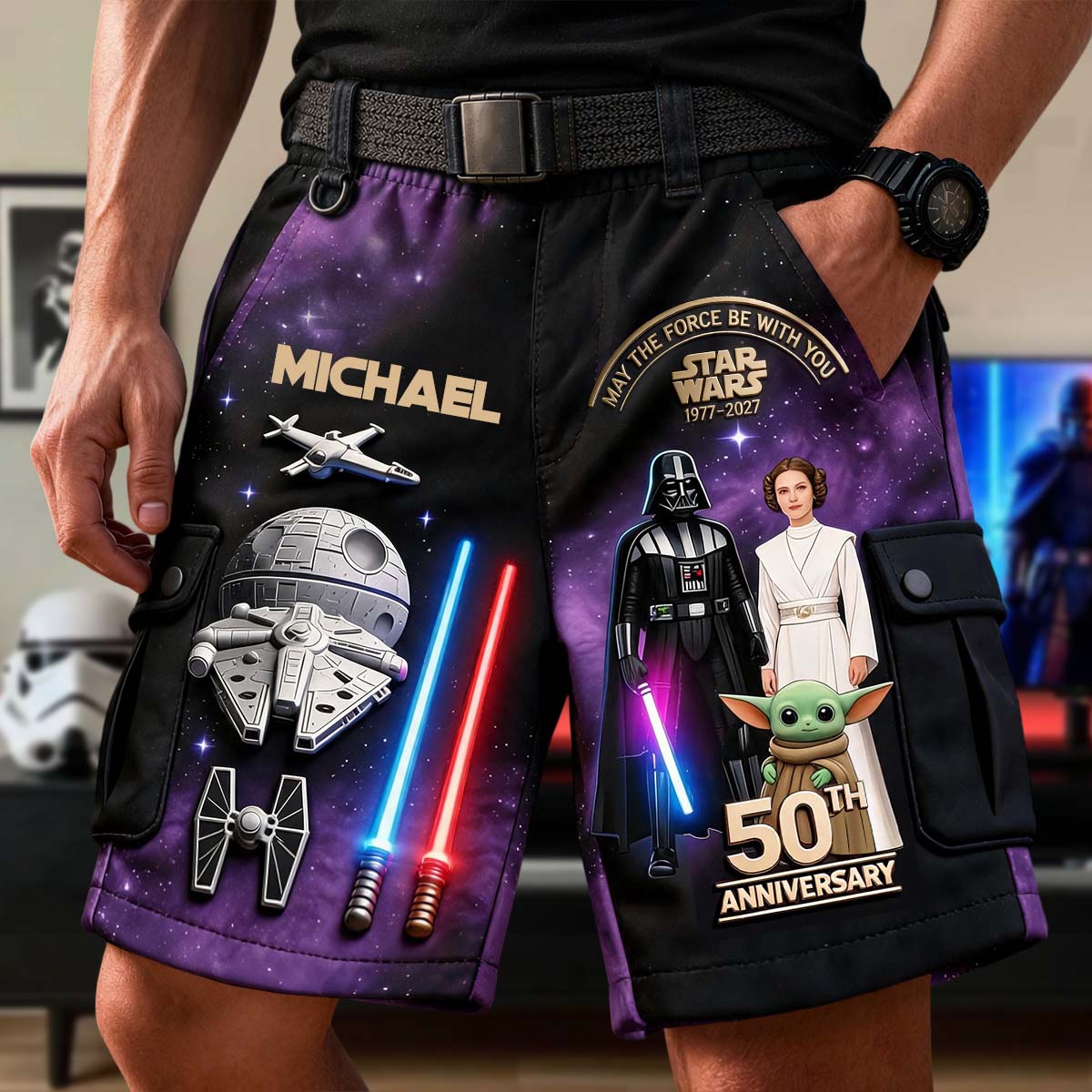 Personalized Star Wars Cargo Shorts with Belt for Men Cargo Shorts With Belt GradoCreations