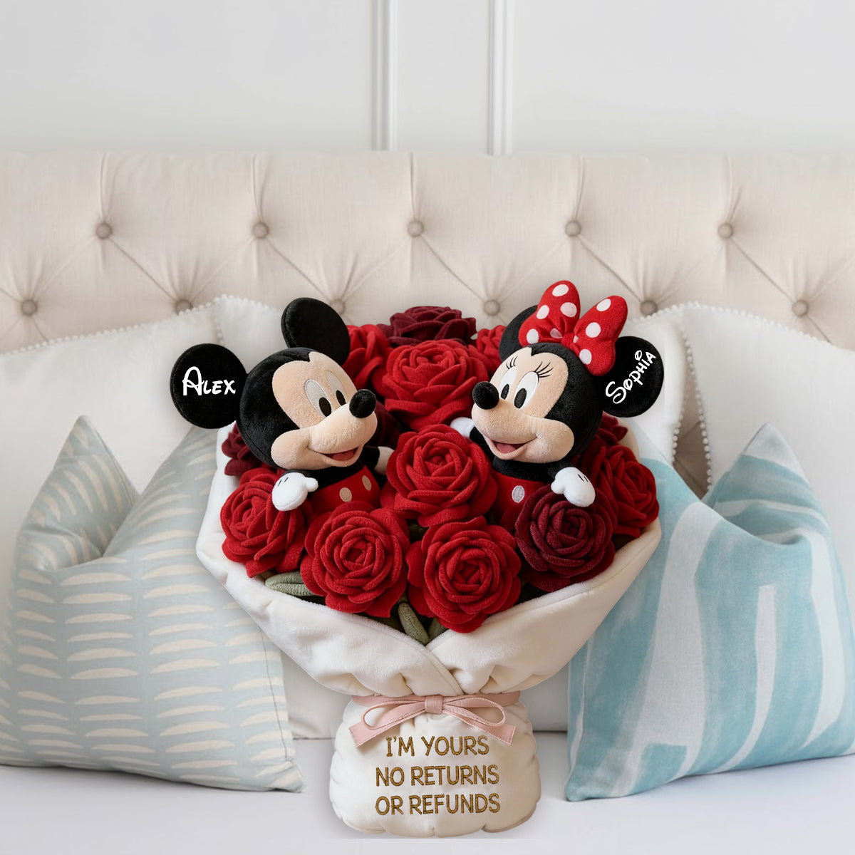 Personalized Faux Fur Shaped Pillow with Red Rose Bouquet Gift for Couples Faux Fur Shaped Pillow GradoCreations