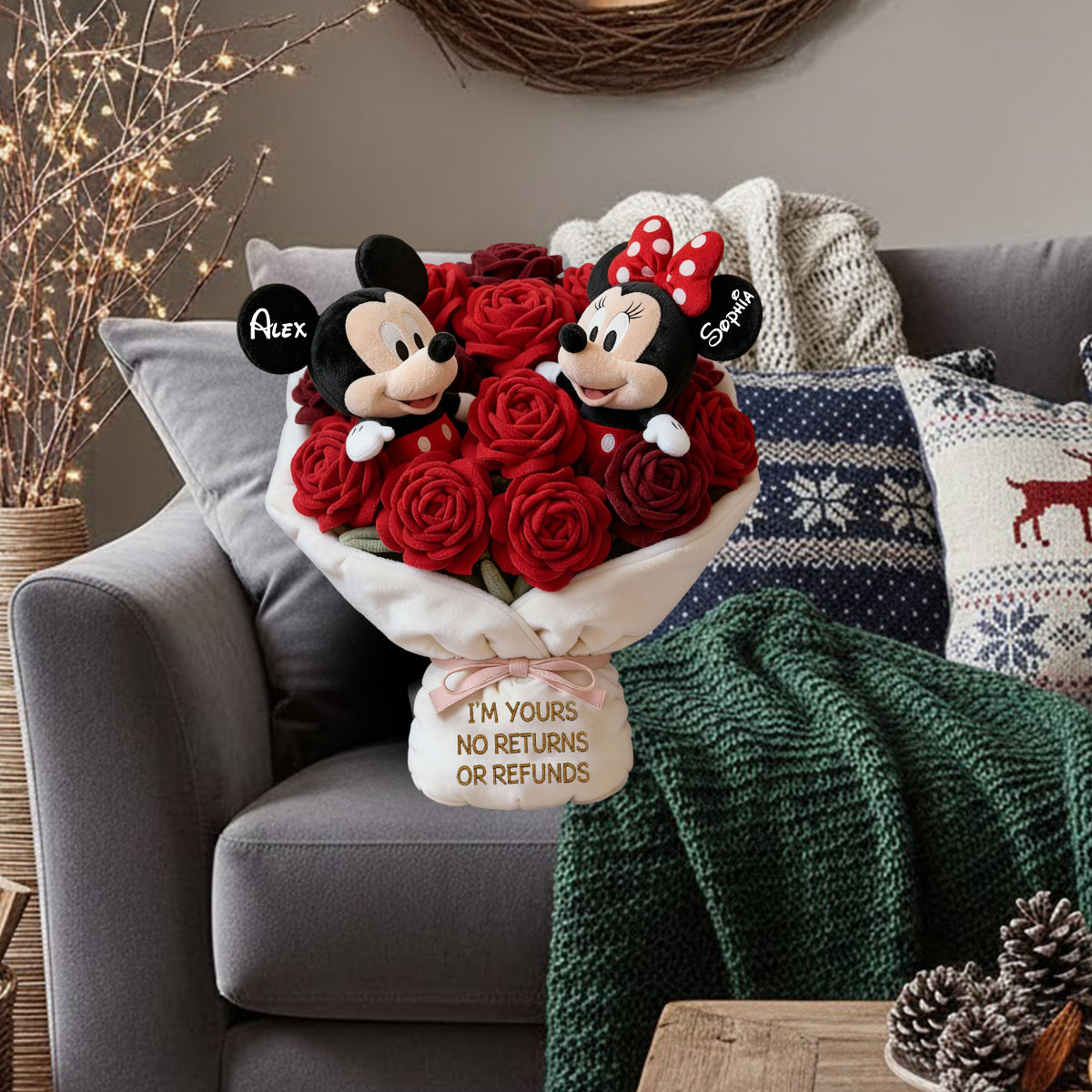 Personalized Faux Fur Shaped Pillow with Red Rose Bouquet Gift for Couples Faux Fur Shaped Pillow GradoCreations