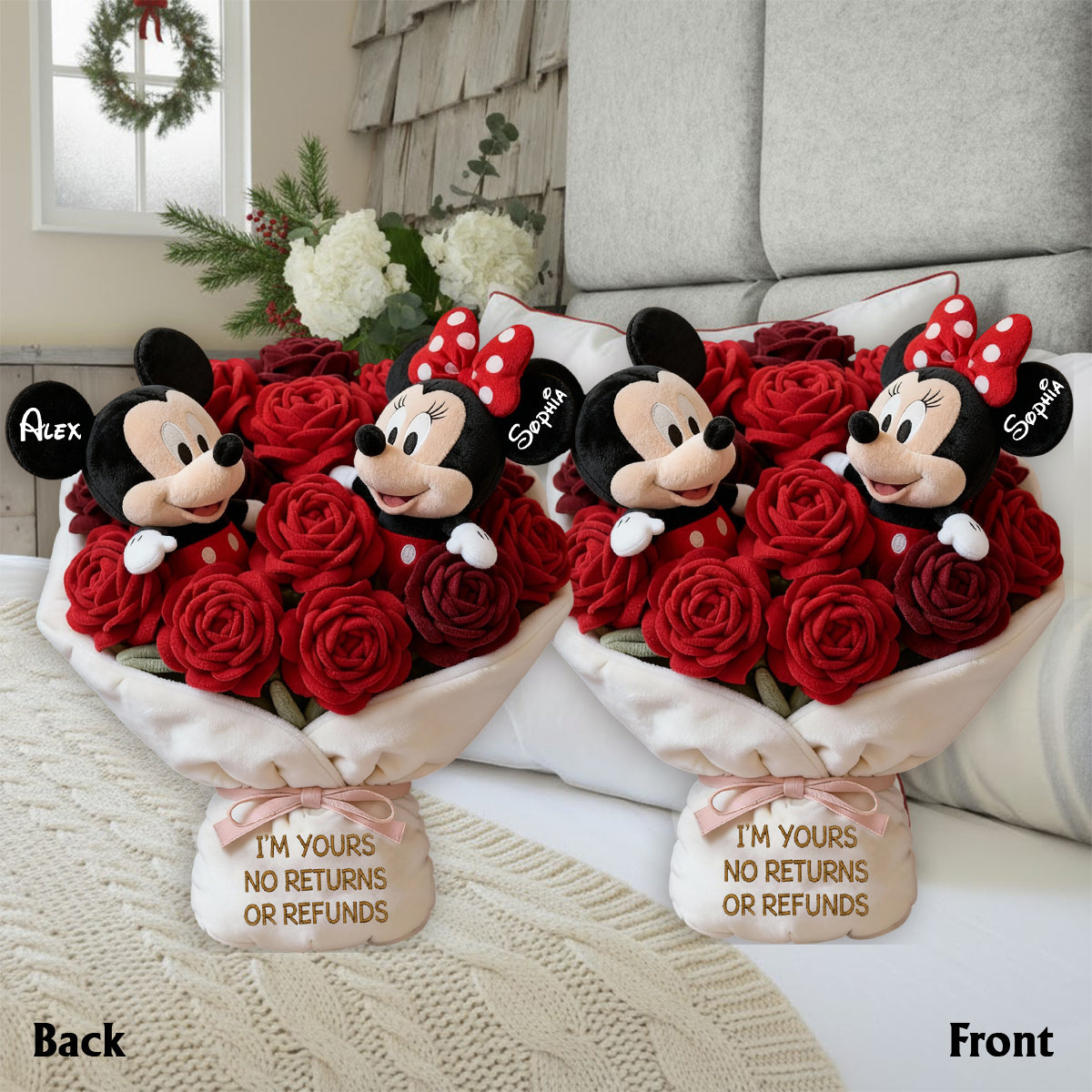 Personalized Faux Fur Shaped Pillow with Red Rose Bouquet Gift for Couples Faux Fur Shaped Pillow GradoCreations