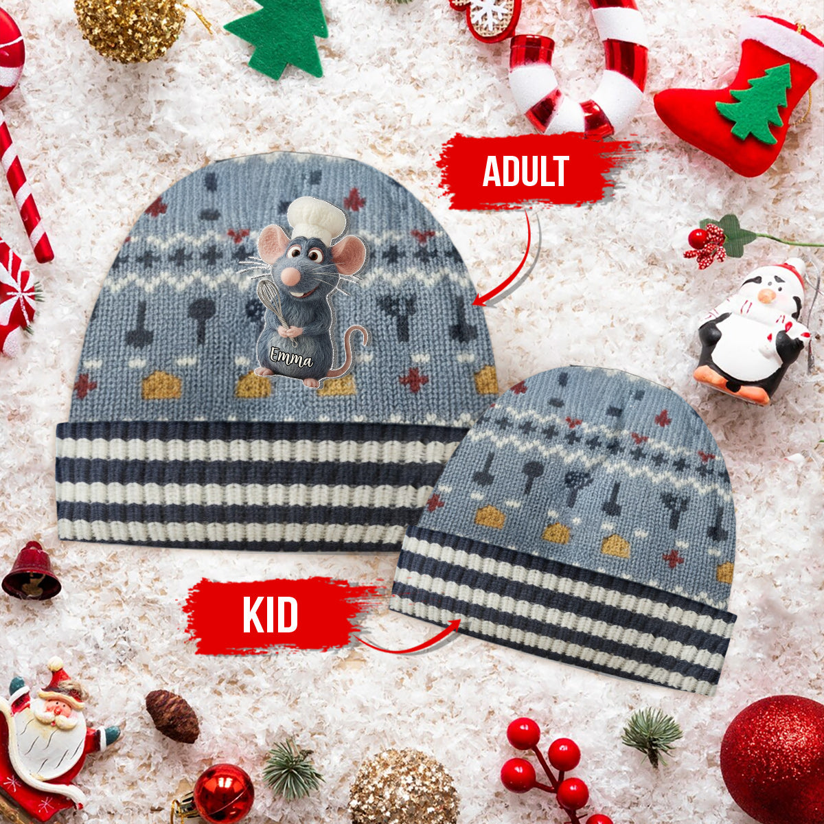 Personalized Mouse Beanie Hat with Patches for Mom & Kids - Winter Gift Beanie Hat With Patches GradoCreations