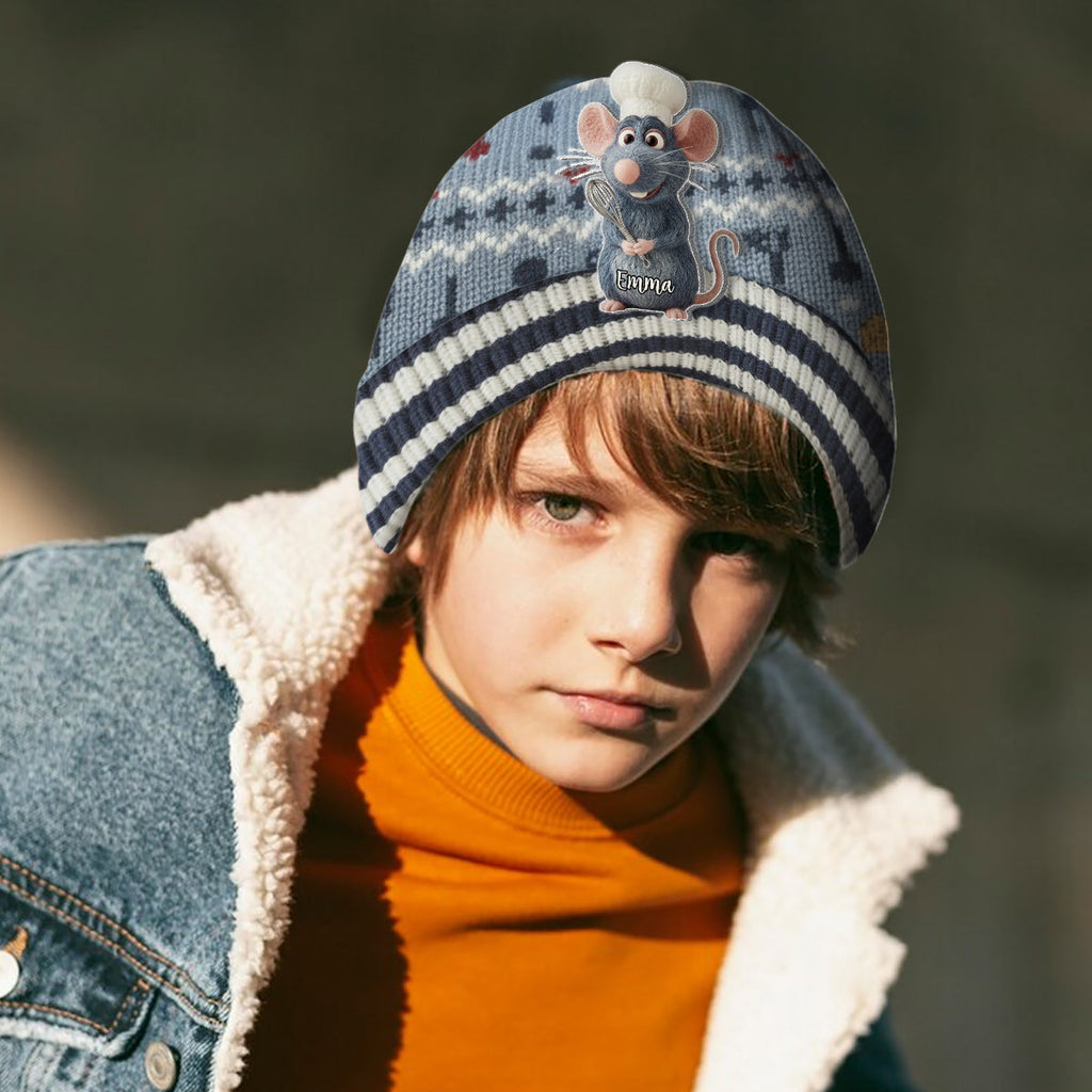 Personalized Mouse Beanie Hat with Patches for Mom & Kids - Winter Gift Beanie Hat With Patches GradoCreations