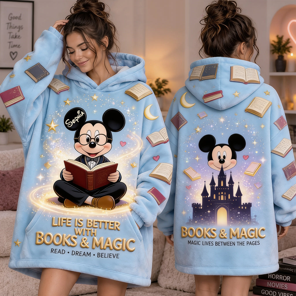 Personalized Mouse Blanket Hoodie with Books & Magic Design Blanket Hoodie GradoCreations