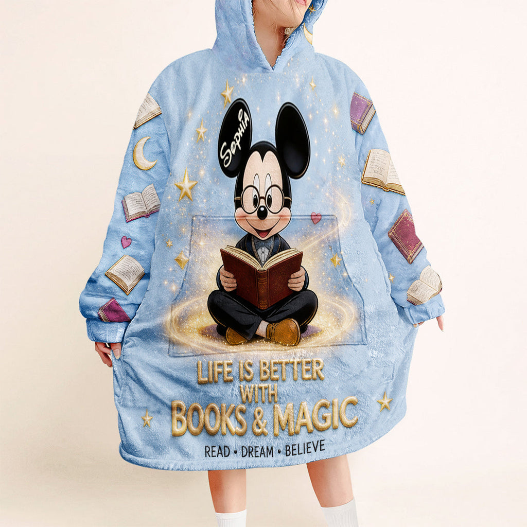 Personalized Mouse Blanket Hoodie with Books & Magic Design Blanket Hoodie GradoCreations