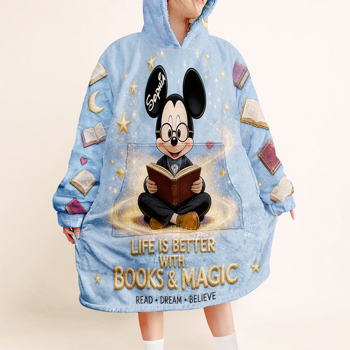 Personalized Mouse Blanket Hoodie with Books & Magic Design Blanket Hoodie GradoCreations
