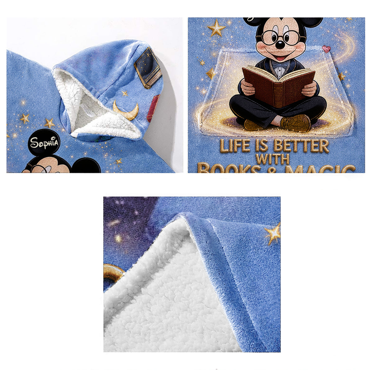 Personalized Mouse Blanket Hoodie with Books & Magic Design Blanket Hoodie GradoCreations