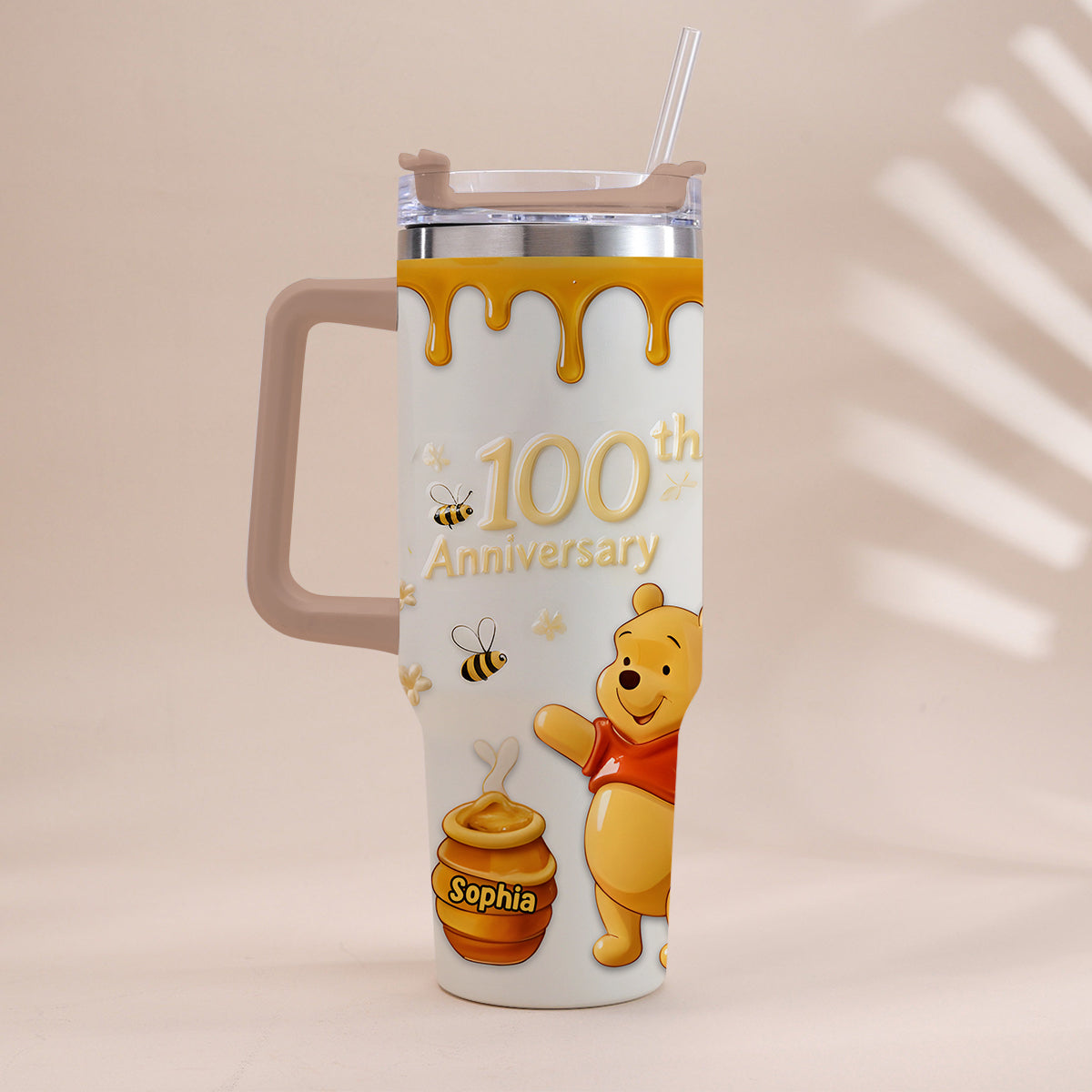 Personalized 100th Anniversary Honey Bear Tumbler with Handle - Custom Gift Tumbler With Handle GradoCreations