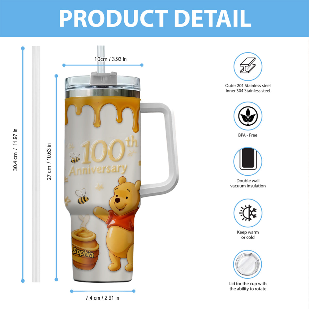 Personalized 100th Anniversary Honey Bear Tumbler with Handle - Custom Gift Tumbler With Handle GradoCreations