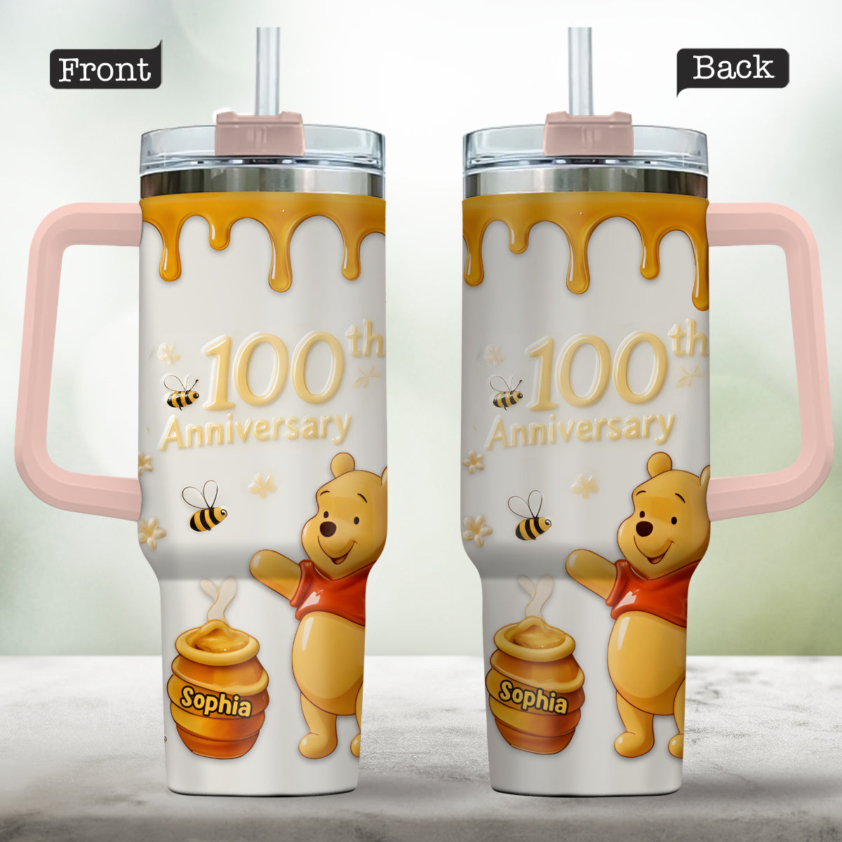 Personalized 100th Anniversary Honey Bear Tumbler with Handle - Custom Gift Tumbler With Handle GradoCreations
