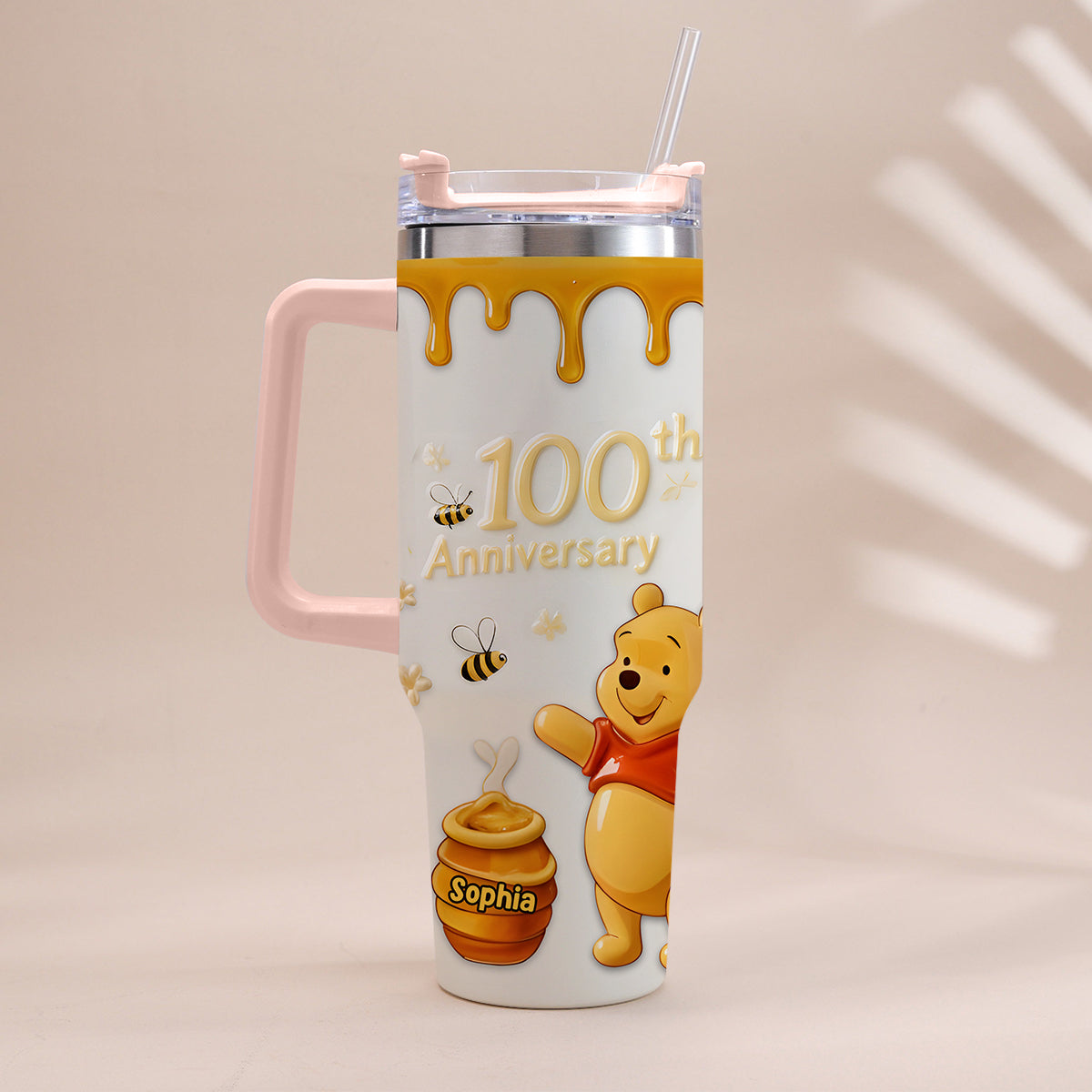 Personalized 100th Anniversary Honey Bear Tumbler with Handle - Custom Gift Tumbler With Handle GradoCreations