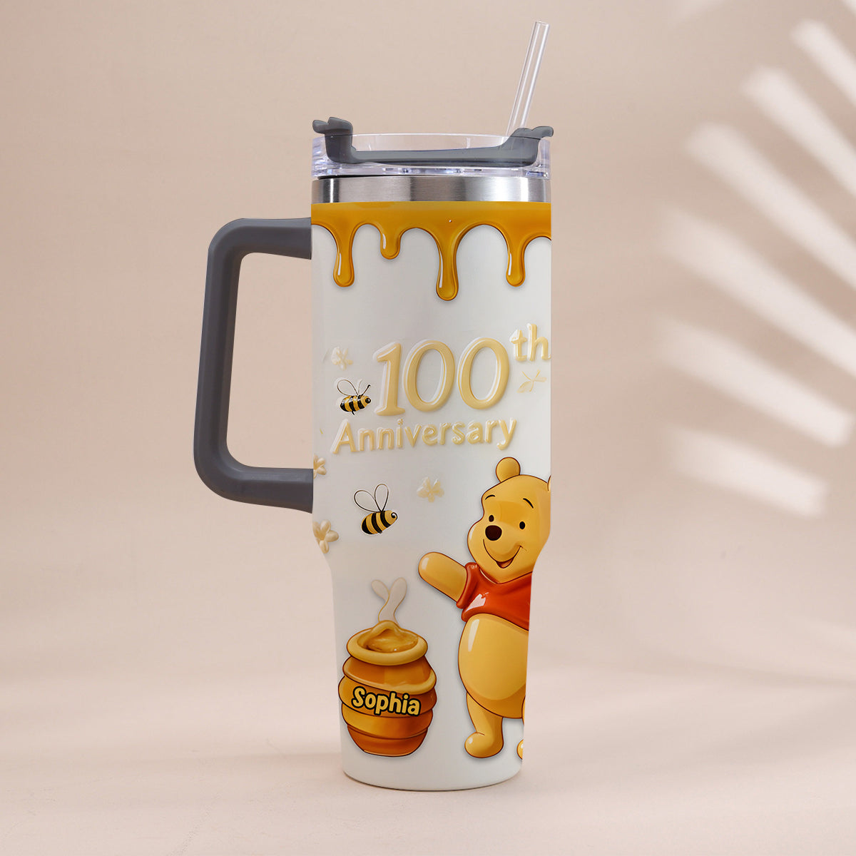 Personalized 100th Anniversary Honey Bear Tumbler with Handle - Custom Gift Tumbler With Handle GradoCreations