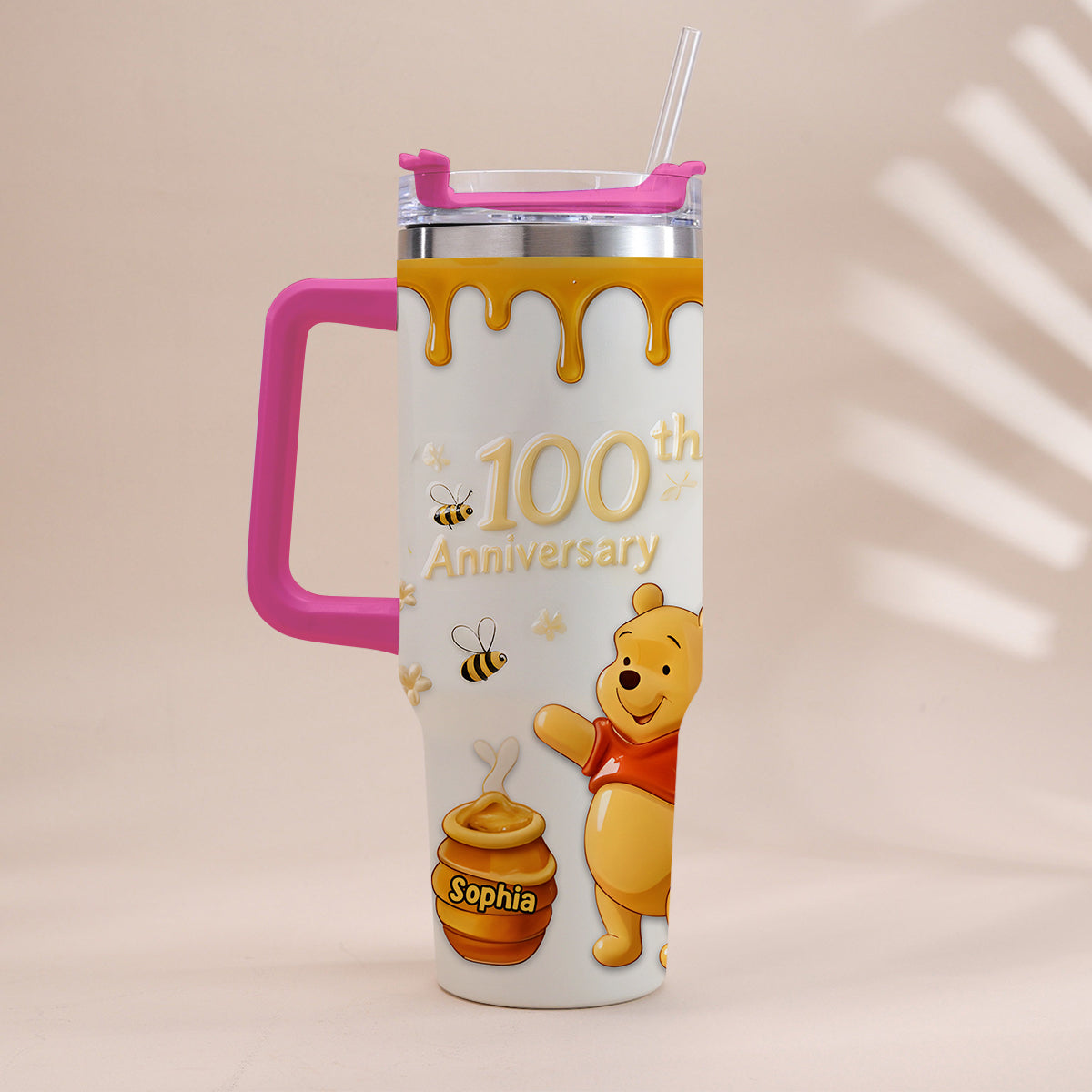 Personalized 100th Anniversary Honey Bear Tumbler with Handle - Custom Gift Tumbler With Handle GradoCreations