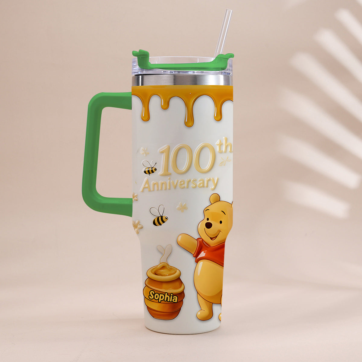 Personalized 100th Anniversary Honey Bear Tumbler with Handle - Custom Gift Tumbler With Handle GradoCreations