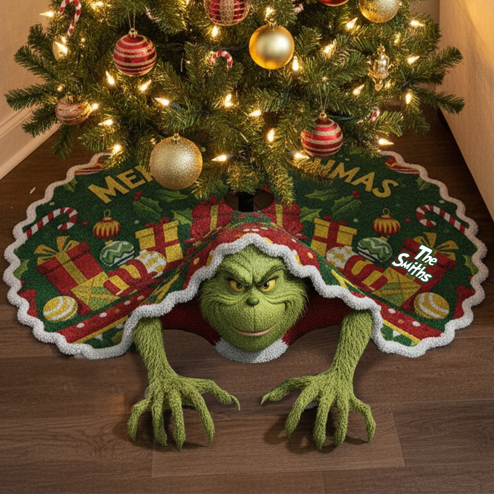 Personalized Grinchmas Shaped Tree Skirt Custom Holiday Décor Shaped Tree Skirt GradoCreations